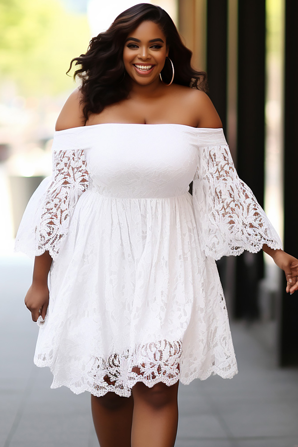 Design Plus Size Daily Elegant White Off The Shoulder Flare 3/4 Sleeve See Through Lace Mini Dresses [Pre-Order]
