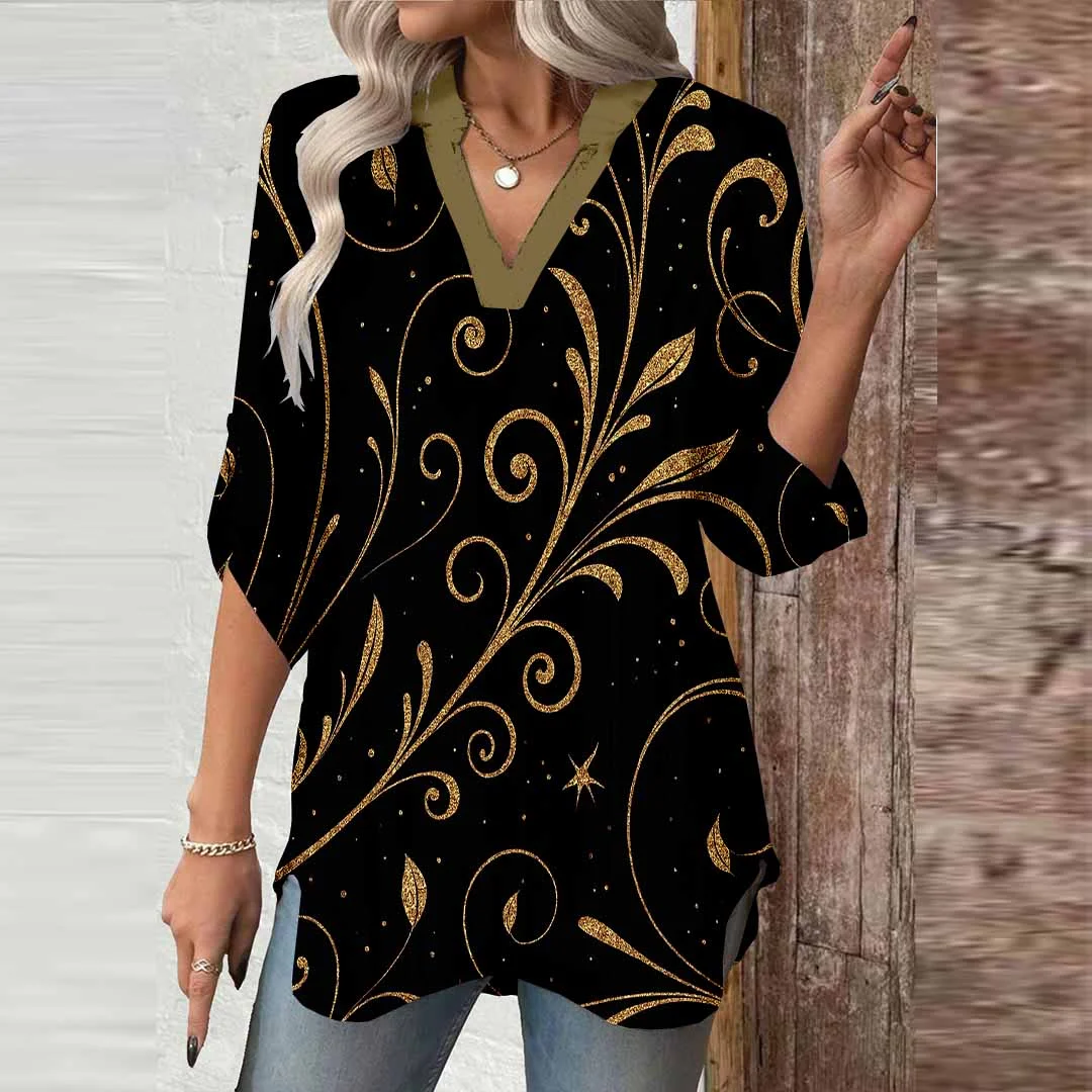 Women Leaves Gold, Black DZGA0690 3/4 Sleeve V-neck Printed Graphic Button Tops