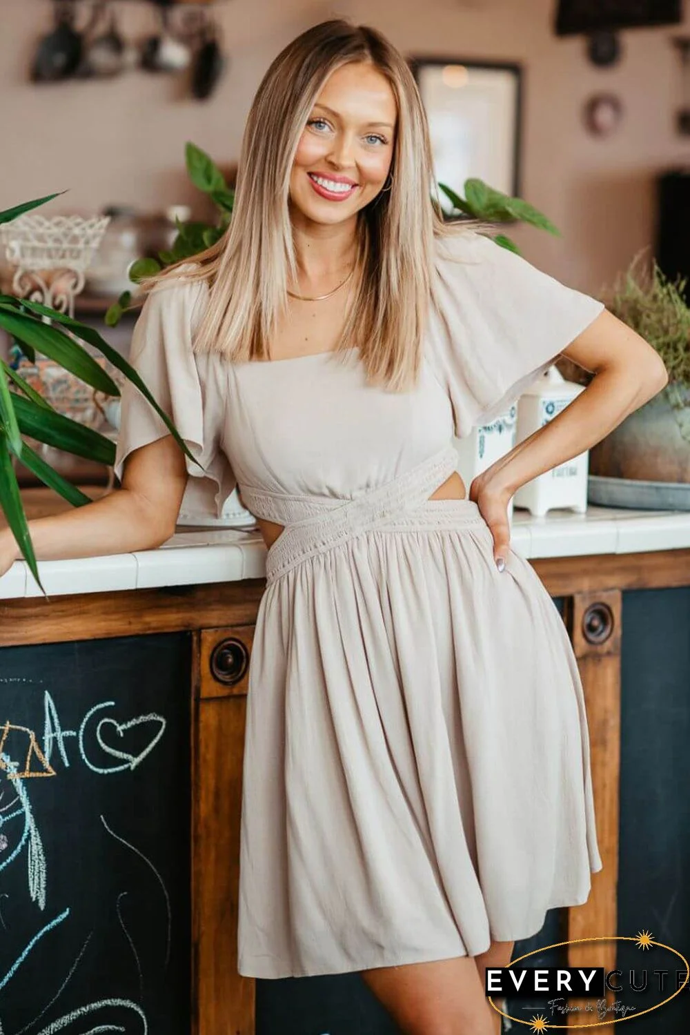 Beige Fake Two-Piece Cutout Ruffle Flowy Dress