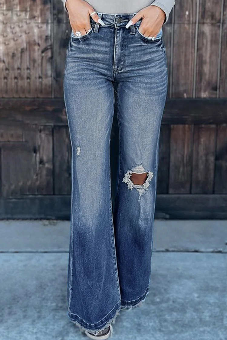 Street Solid Ripped High Waist Boot Cut Denim Jeans socialshop