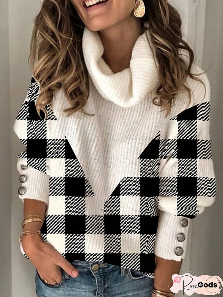 Color Block Grid Turtleneck Casual Sweaters