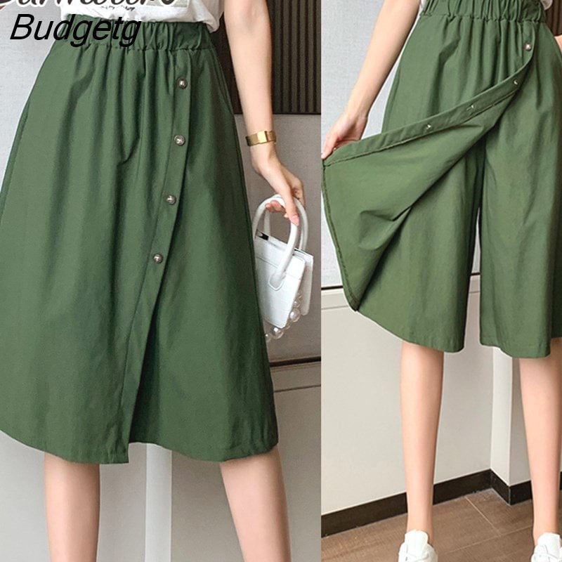 Budgetg Fashion 2023 Summer Korean Style Cotton Wide Leg Capris Women Short Pants High Elastic Bud Waist Shorts Skirts Female