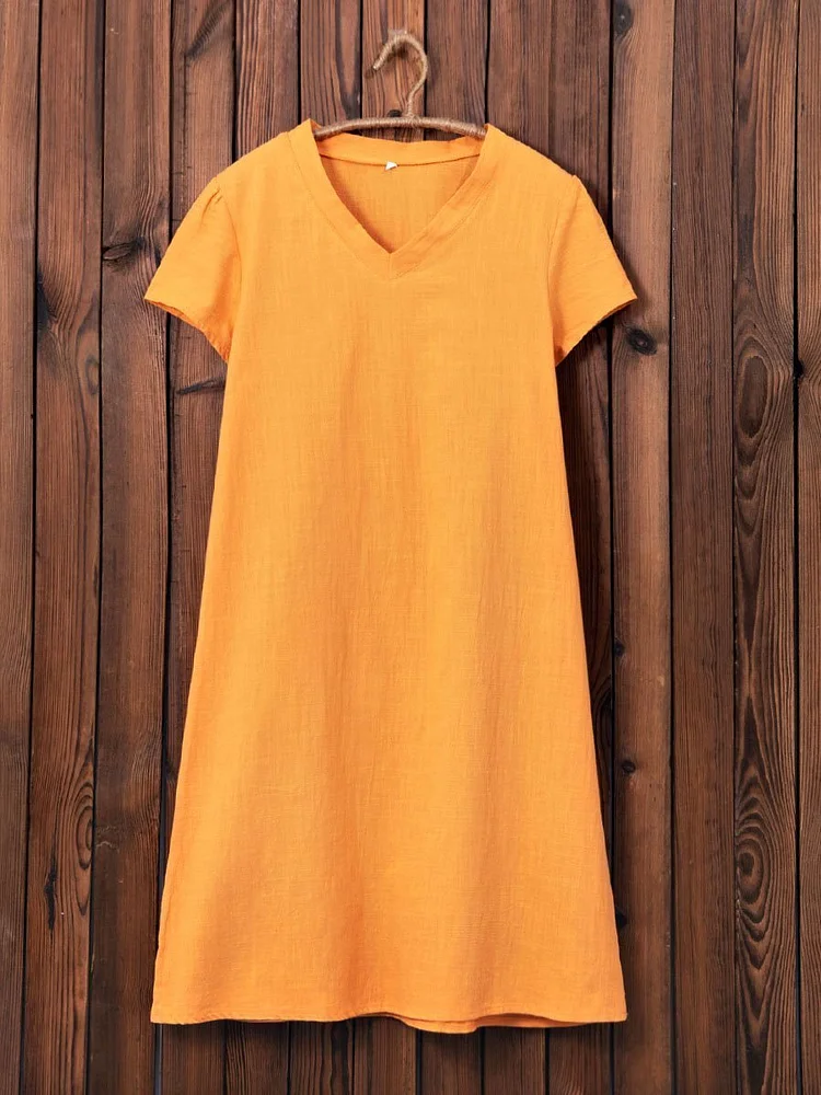 V-Neck  Shift Women Short Sleeve Casual  Solid Summer Dress