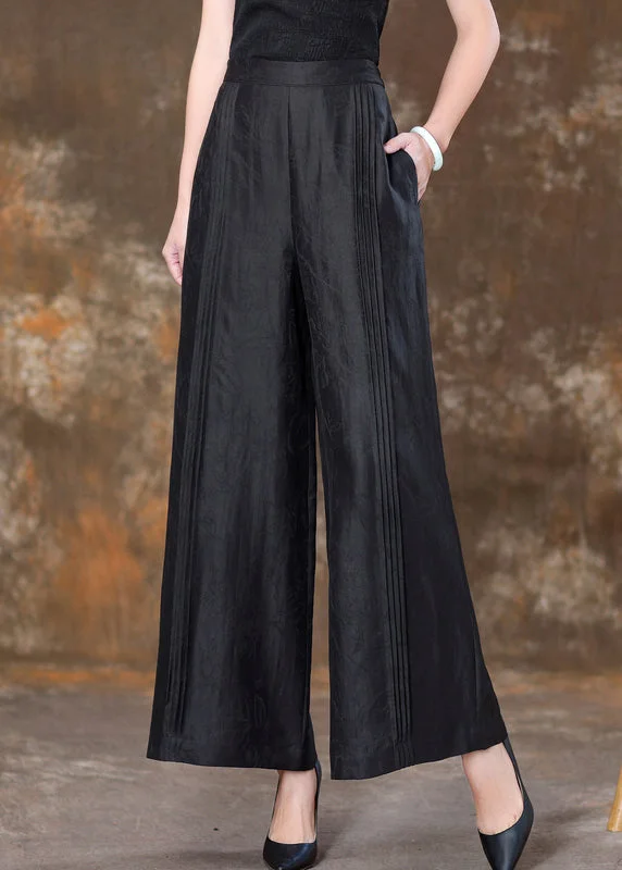 Black Solid Patchwork Silk Velour High Waist Wide Leg Pants