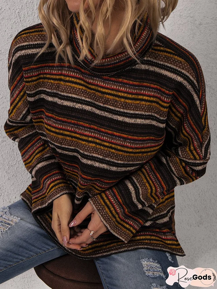 Turtleneck Long Sleeve Striped Drop-Shoulder Sweater