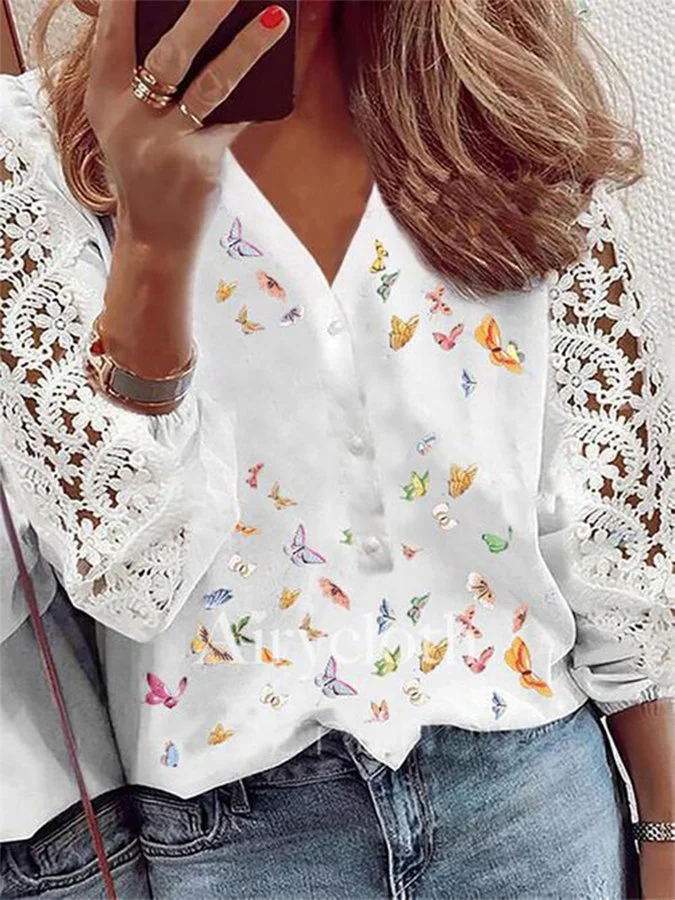 Casual Long Sleeve Cutout Butterfly Print Shirt
