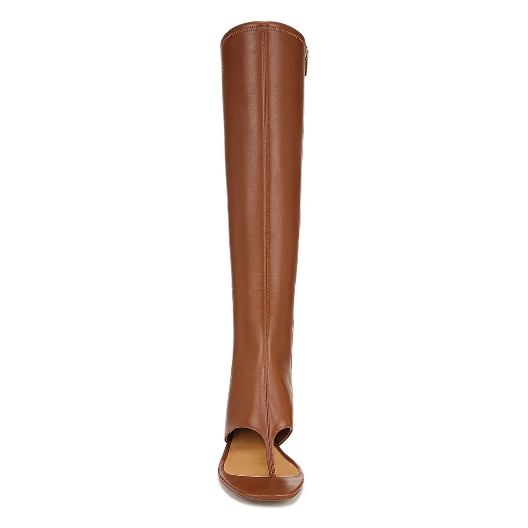 Vegan Leather Open Square Toe Side-Zip Brown Knee-High Boots