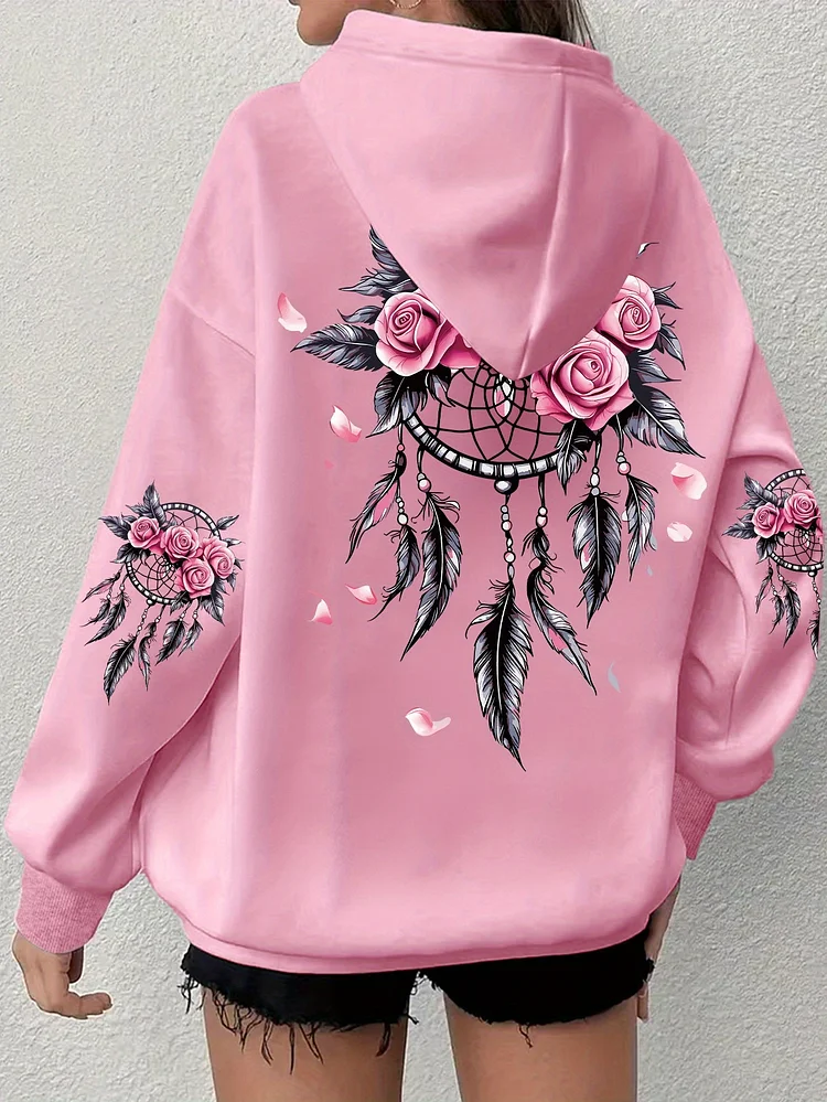 Women's Plus Size Boho Chic Hoodie - Soft, Comfortable Long Sleeve With Dreamcatcher & Floral Print, Casual Pullover With Pockets For Everyday Wear, Casual Wear Hoodie | Boho Chic Style | Soft Fabric Hoodie