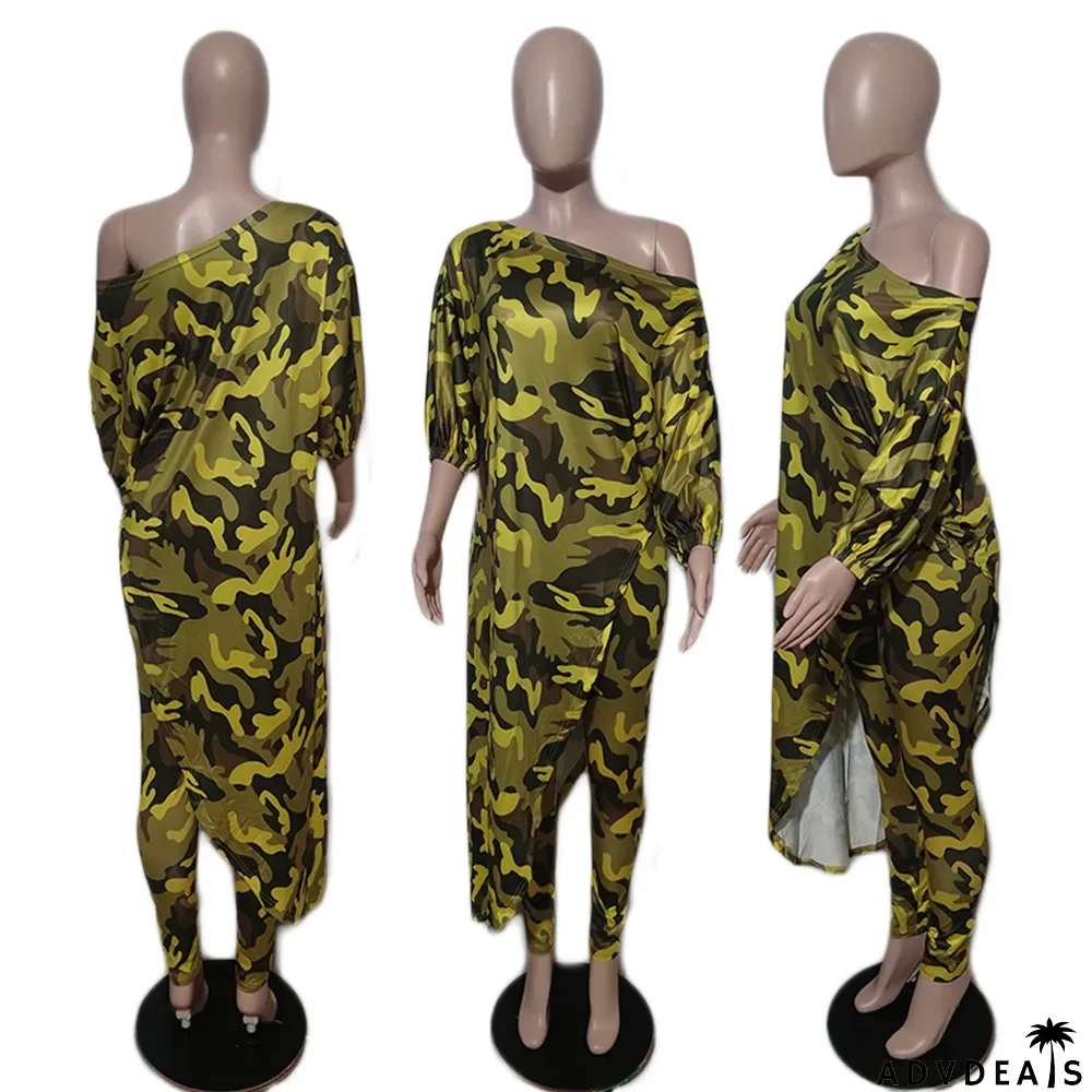 Women's Fashion Casual Loose Plus Size Slash Shoulder Pant Two Piece