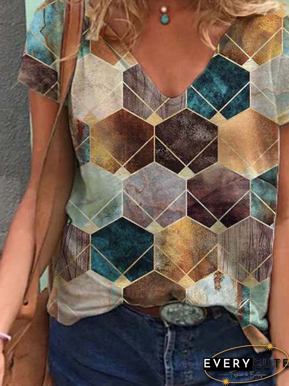 Short Sleeve Casual Cotton-Blend Printed T-shirt