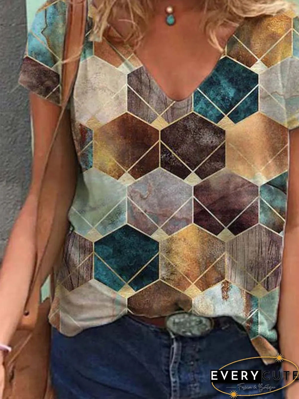 Short Sleeve Casual Cotton-Blend Printed T-shirt