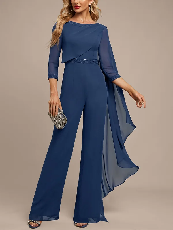 Round Neck Chiffon Mid-Sleeve Solid Color Jumpsuit