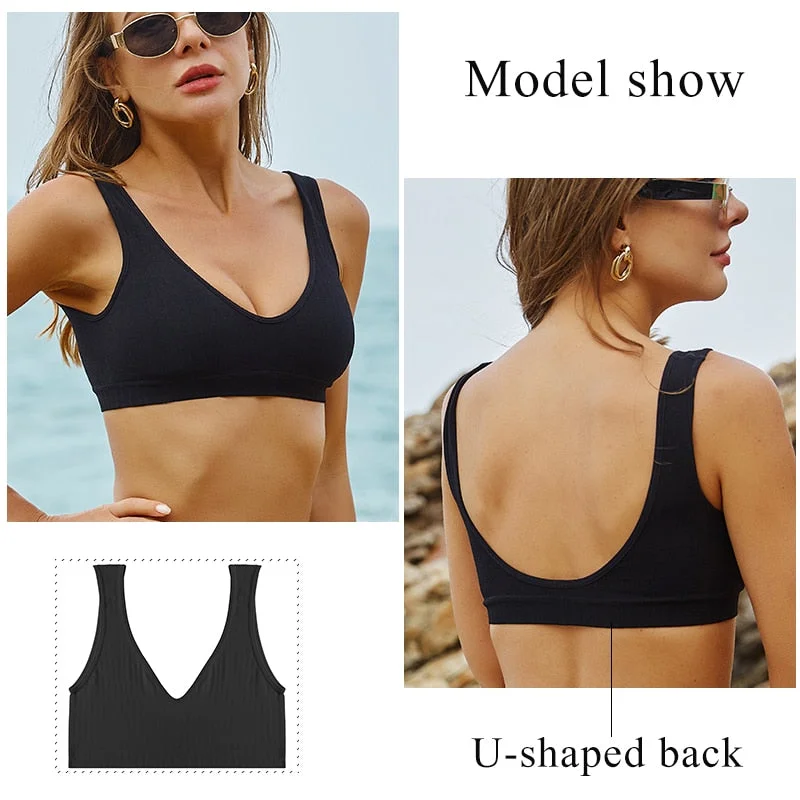 FINETOO Women Seamless Bralette Underwear Push Up U-Back Intimates Lingerie Femme Short Cropped Top Sexy V-Neck Bra Tank Tops