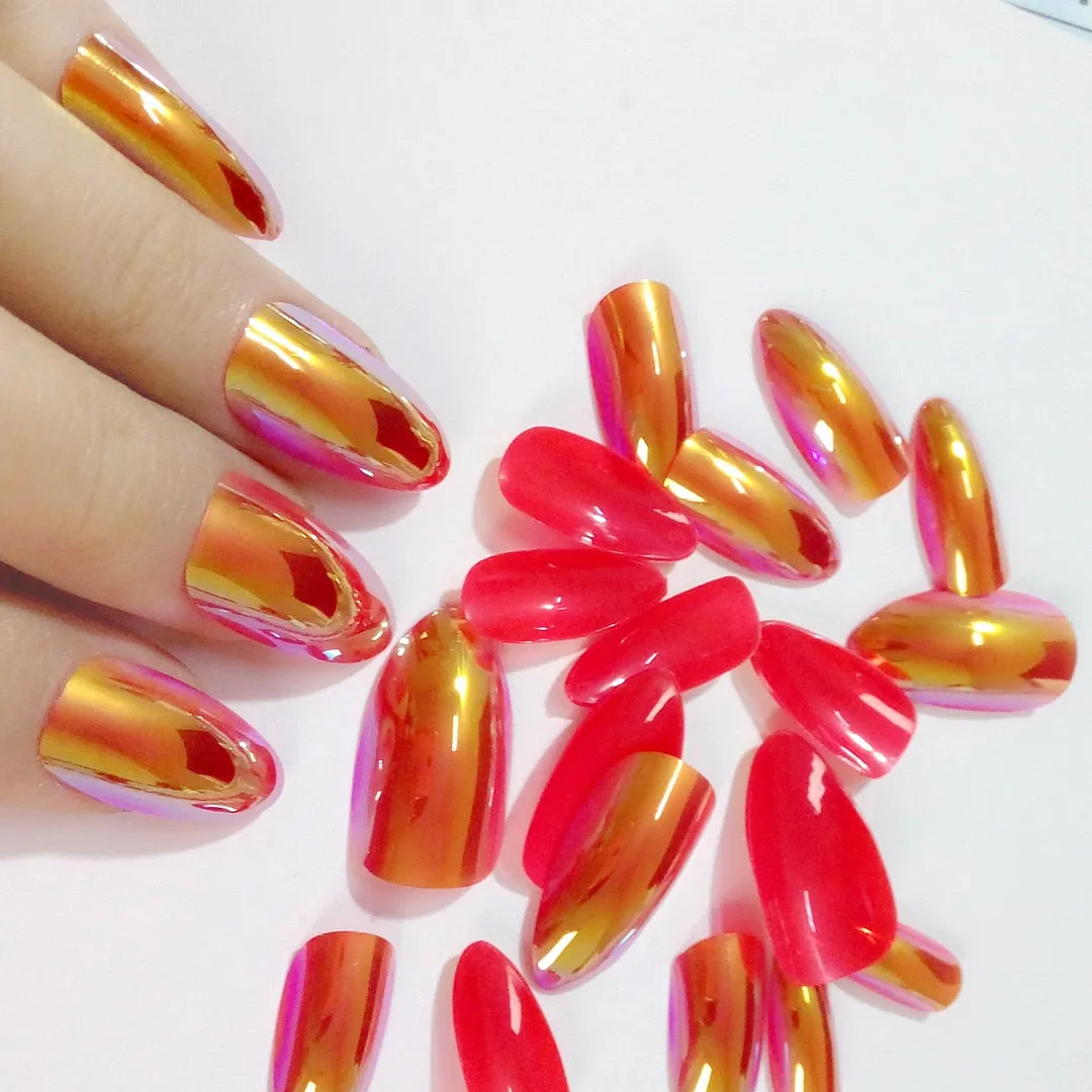 24Pcs Wine Red Artificial False Nails Blooming Gradient Short Stiletto Fake Nails With Design Glitter Gold DIY Manicure Tools-Nail Inspo