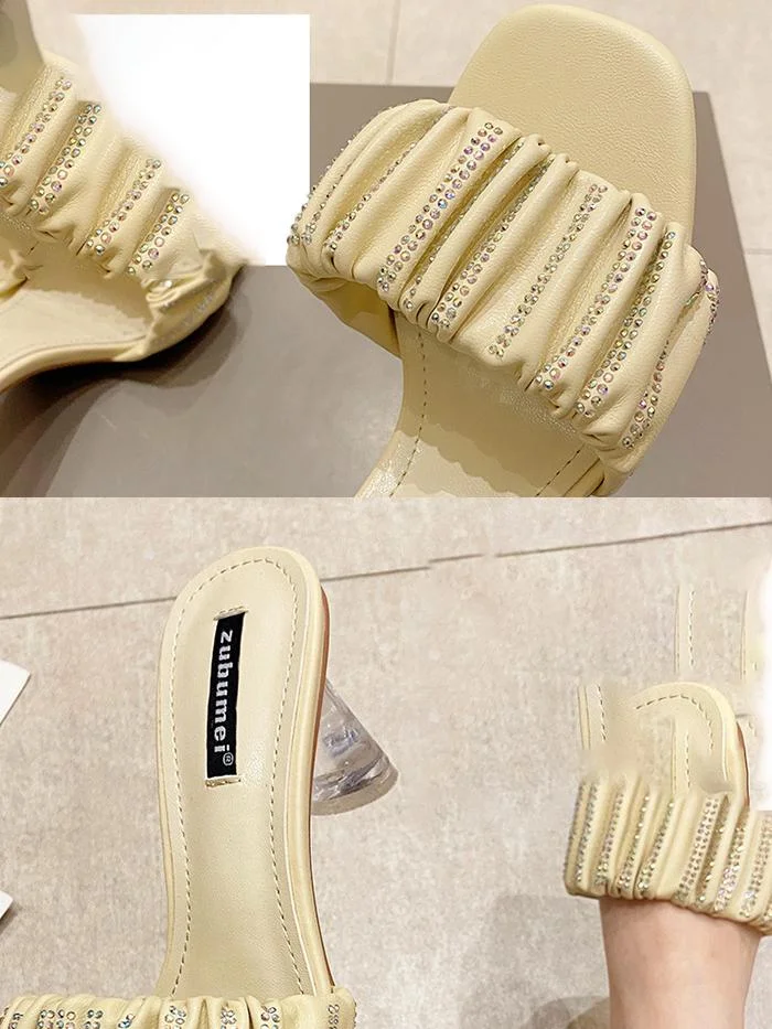 One word with rhinestones high-heel square-toe thick-heel slippers