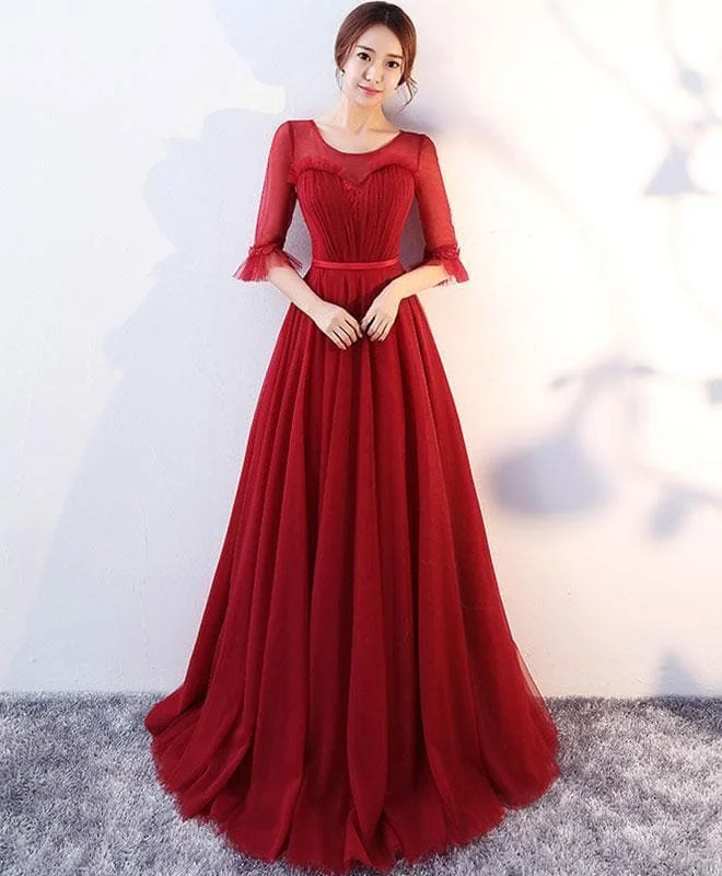 Burgundy Round Neck Tulle Long Prom Dress AS02