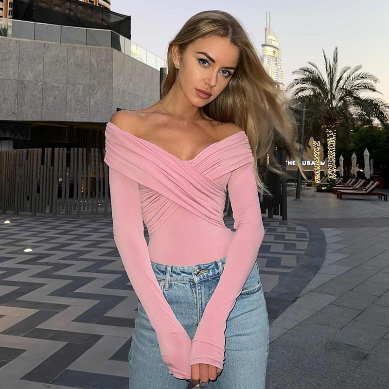 Ootddress V-Neck Summer Patchwork T-shirt Cropped Top For Women Fashion Mesh Long Sleeve Sexy Off-Shoulder Female Y2k Top Tee 2025