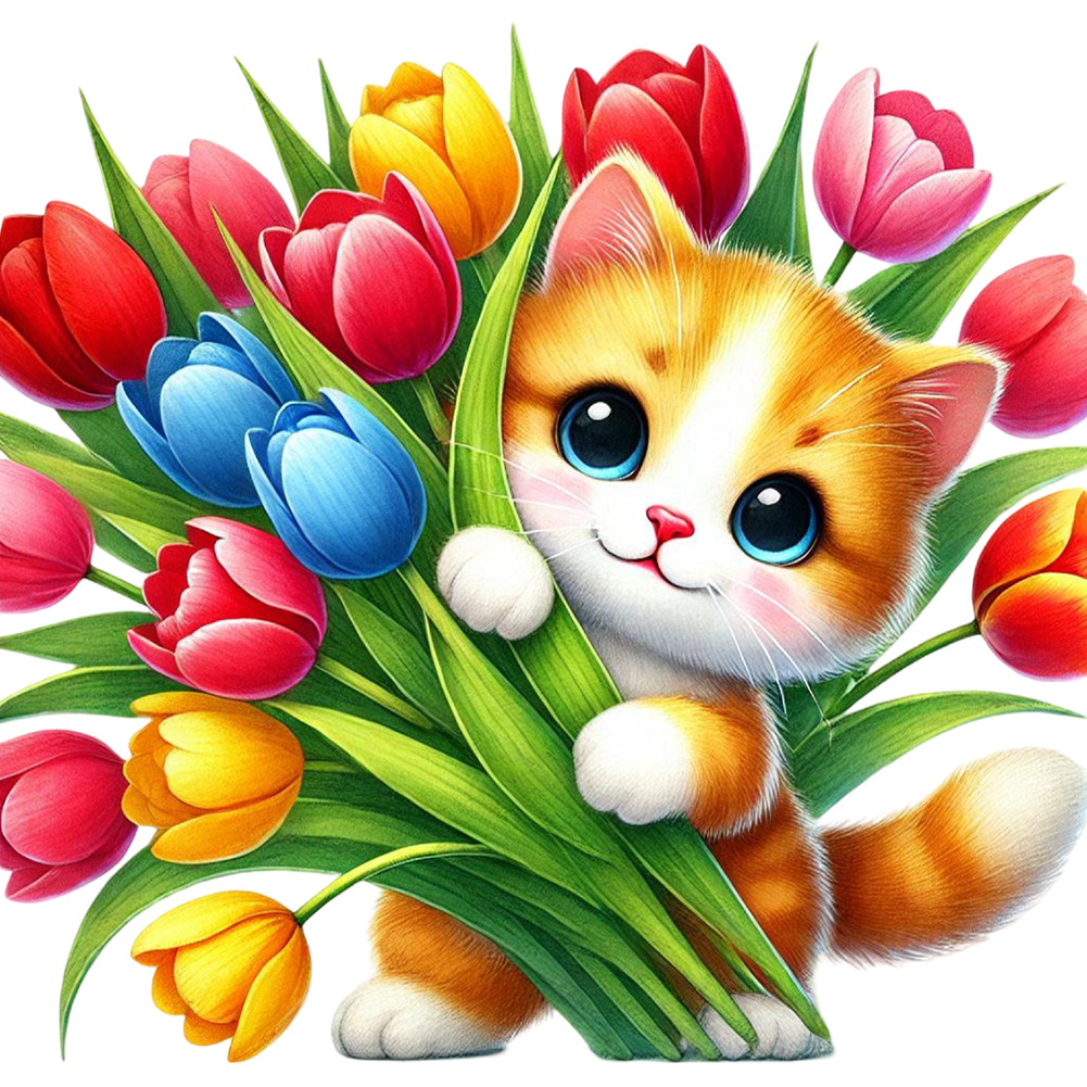 Cat And Tulip 40*40cm(canvas) full round drill diamond painting