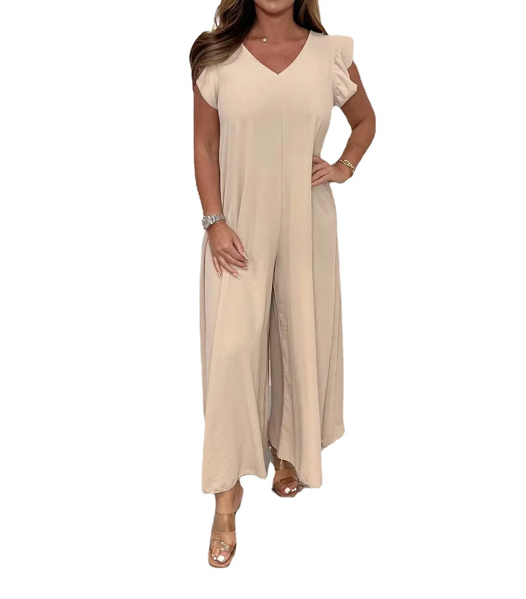 Nigikala Nigikala Summer New Women's Clothing With Lotus Leafy Broad Leg Trousers Solid Casual Jumpsuit Women