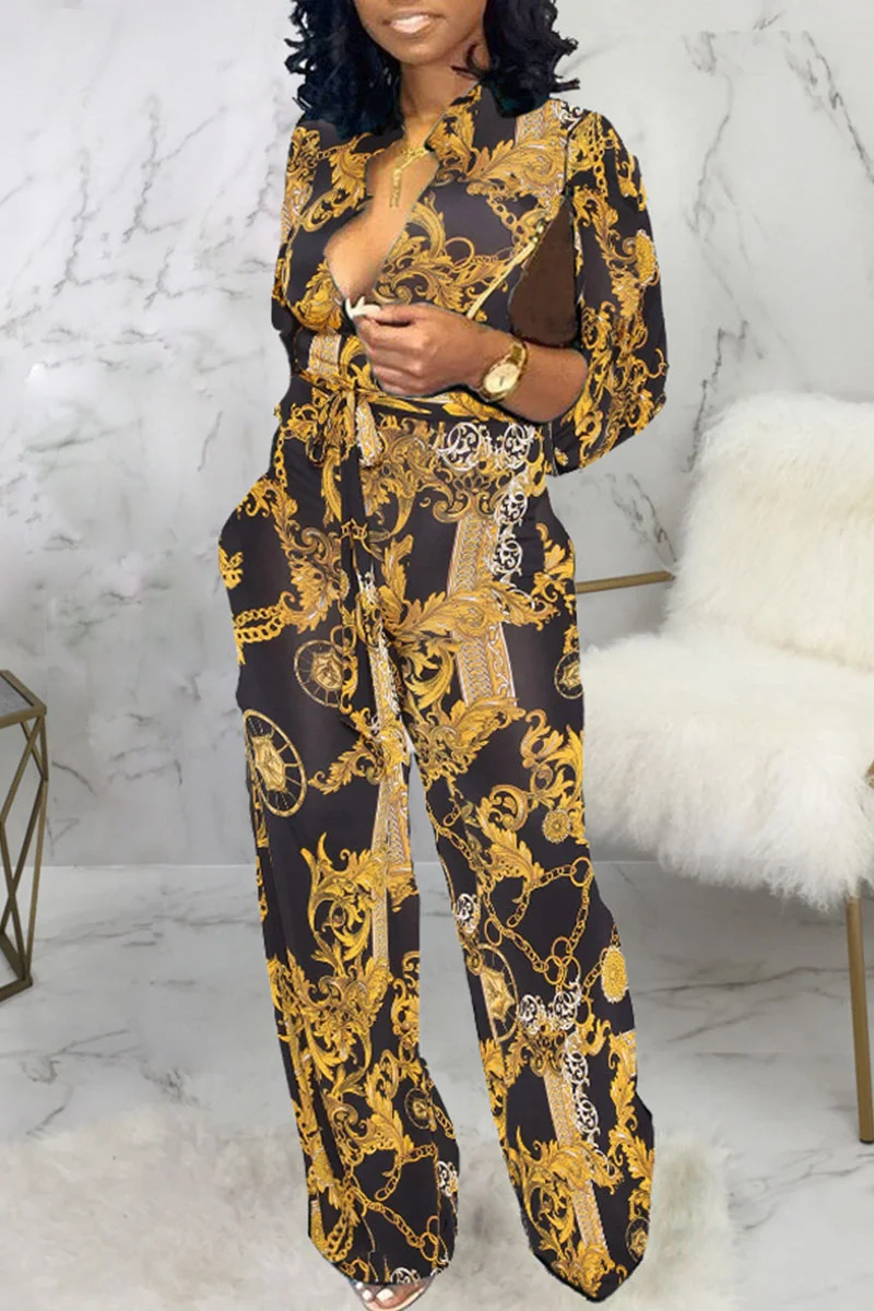 Yellow Casual Print Split Joint V Neck Straight Jumpsuits