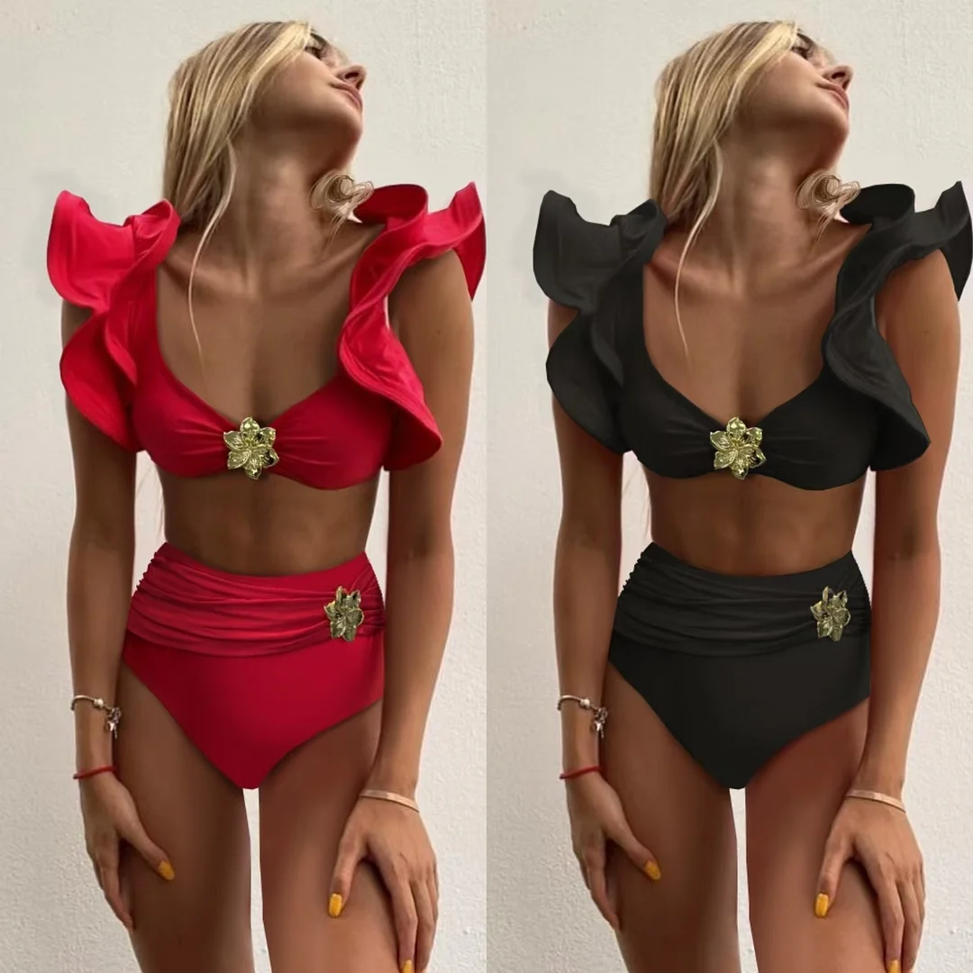 Uveng Solid-Color High-Waisted Bikini 2025 New Split Swimsuit Female Lotus Edge Bikini Export Swimsuit