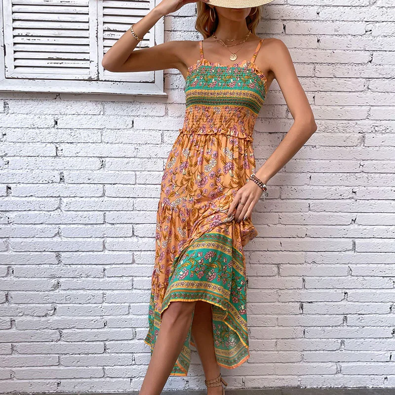 Myopiclunacy stylish dresses for women New In Floral Boho Dresses for Woman 2025 Viscose Summer Long Sundress Elegant Shirring Cami Dress Female Vacation Beach Outfits