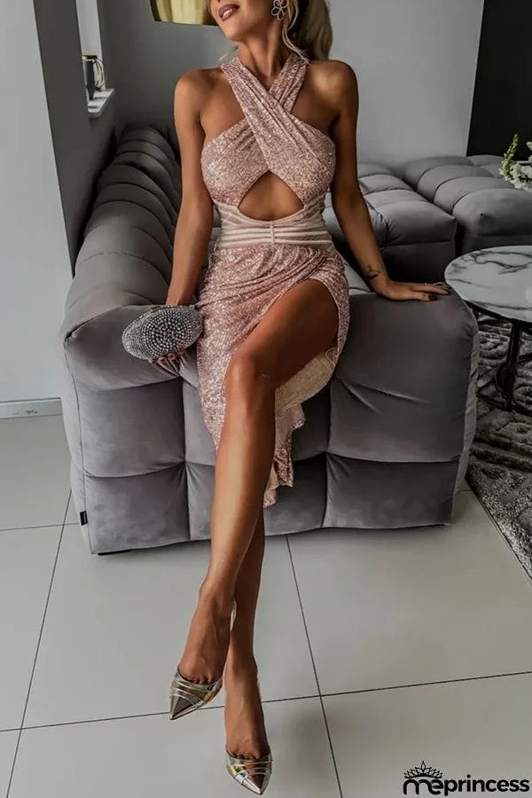 Born To Be A Star Sequin Mesh Cutout Waist Halter Asymmetrical Midi Dress