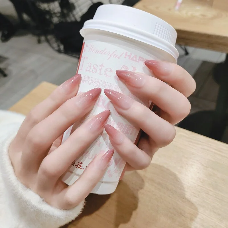 24PCS Gradients Color Point Head False Nails Wearable Women Girl Nail Art Full Cover Fake Nails Press On Nail Patch with Glue-Nail Inspo