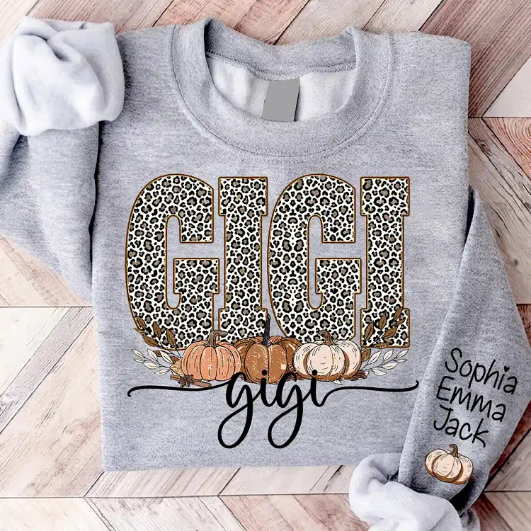 Personalized Gigi Sweatshirt with Grandkids Names, Leopard Pumpkin Fall Grandma Custom Gift