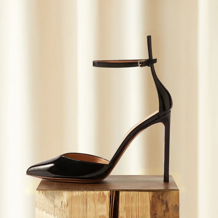 Women's Patent Leather Ankle Strap Heels Pointed Toe Black Pumps |FSJ Shoes