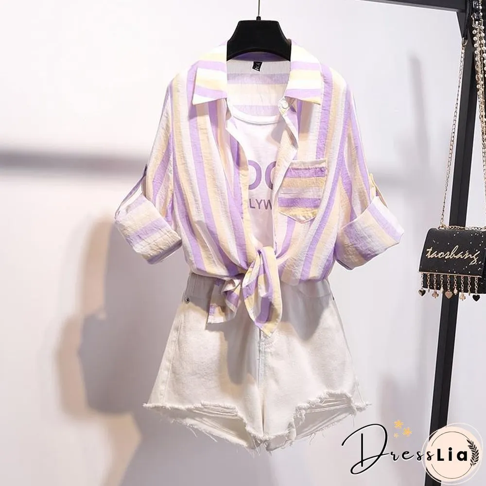 Stripe Blouse+Hole Denim Shorts P15521