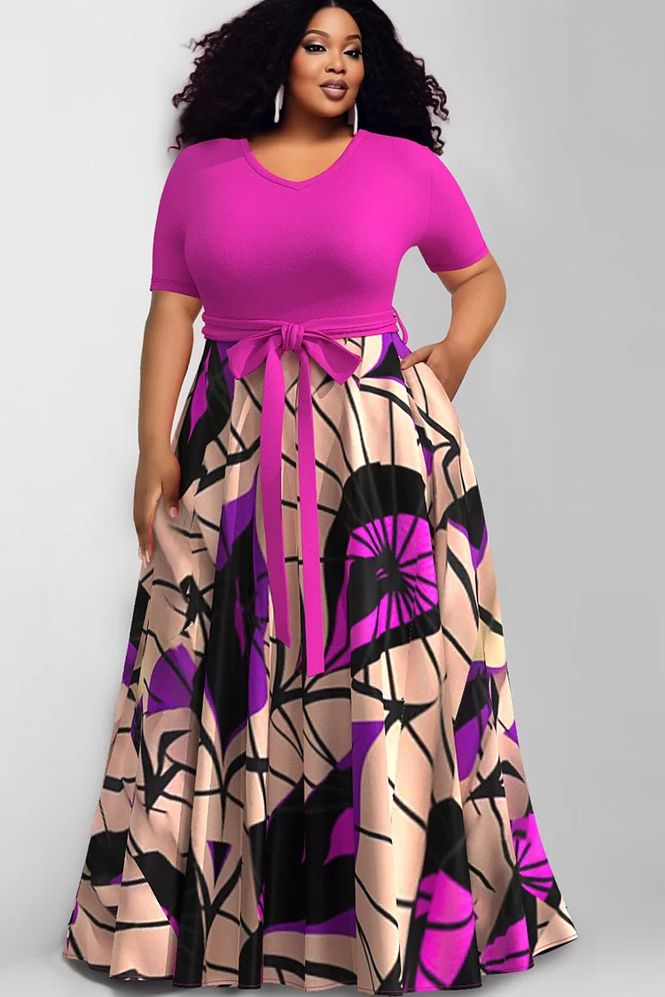 Xpluswear Design Plus Size Daily Magenta Round Neck Short Sleeve Pocket Maxi Dresses 