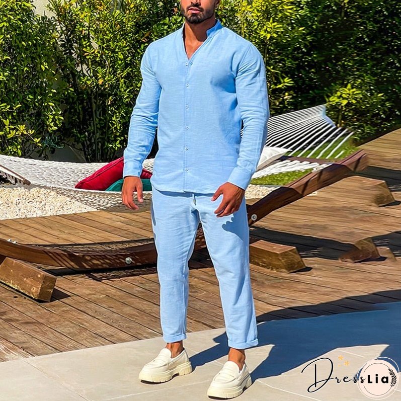 Cotton Linen Mens Sets Spring Summer Casual Long Sleeve Buttoned Stand Collar Shirt