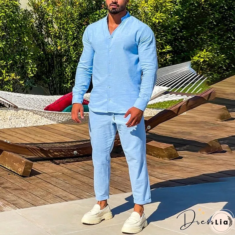 Cotton Linen Mens Sets Spring Summer Casual Long Sleeve Buttoned Stand Collar Shirt