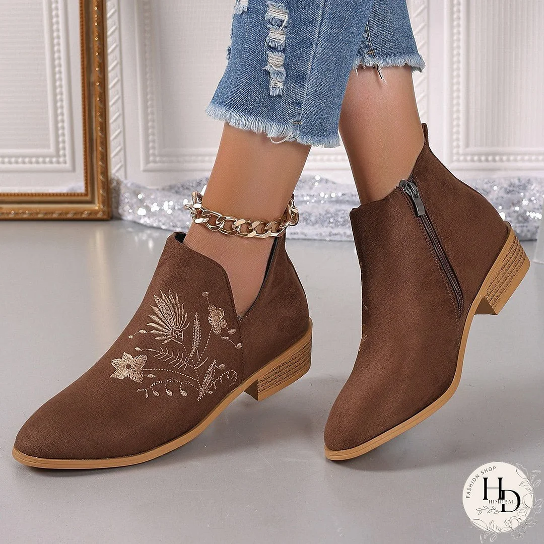 Embroidered Suede Point Toe Block Heel Boots