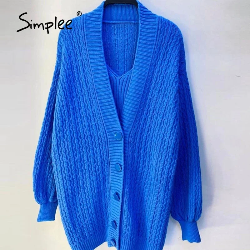 Simplee Sexy buttons v-neck long sleeves knitted mini dress set women Sexy crop tank top sweater coat suit Loose two pieces sets