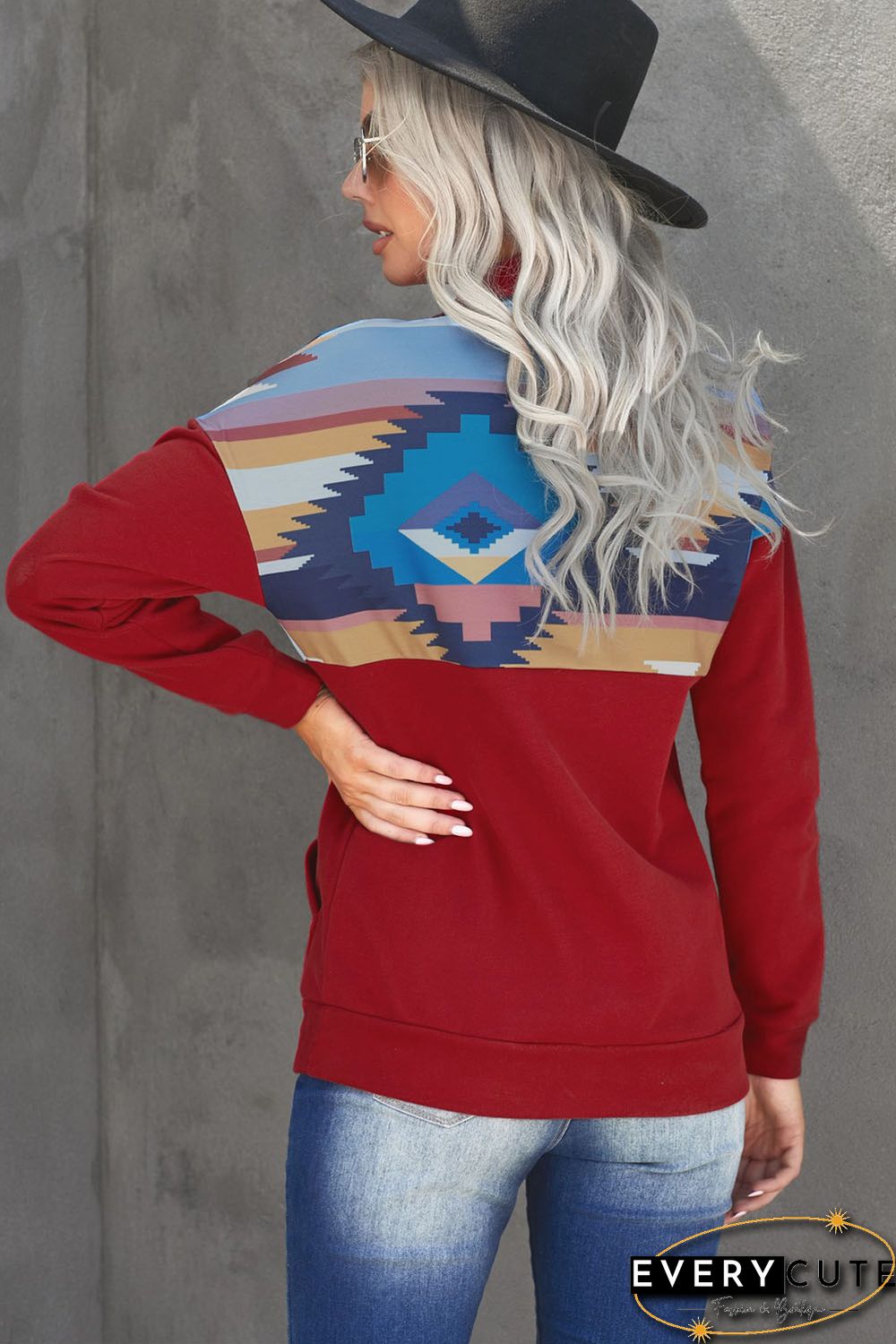 Red Turn Down Collar Zip Tribal Print Sweatshirt
