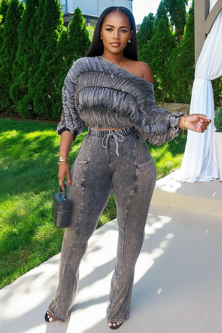 Off Shoulder Ruched Crop Top Tie Up High Waist Pants Matching Set-Green