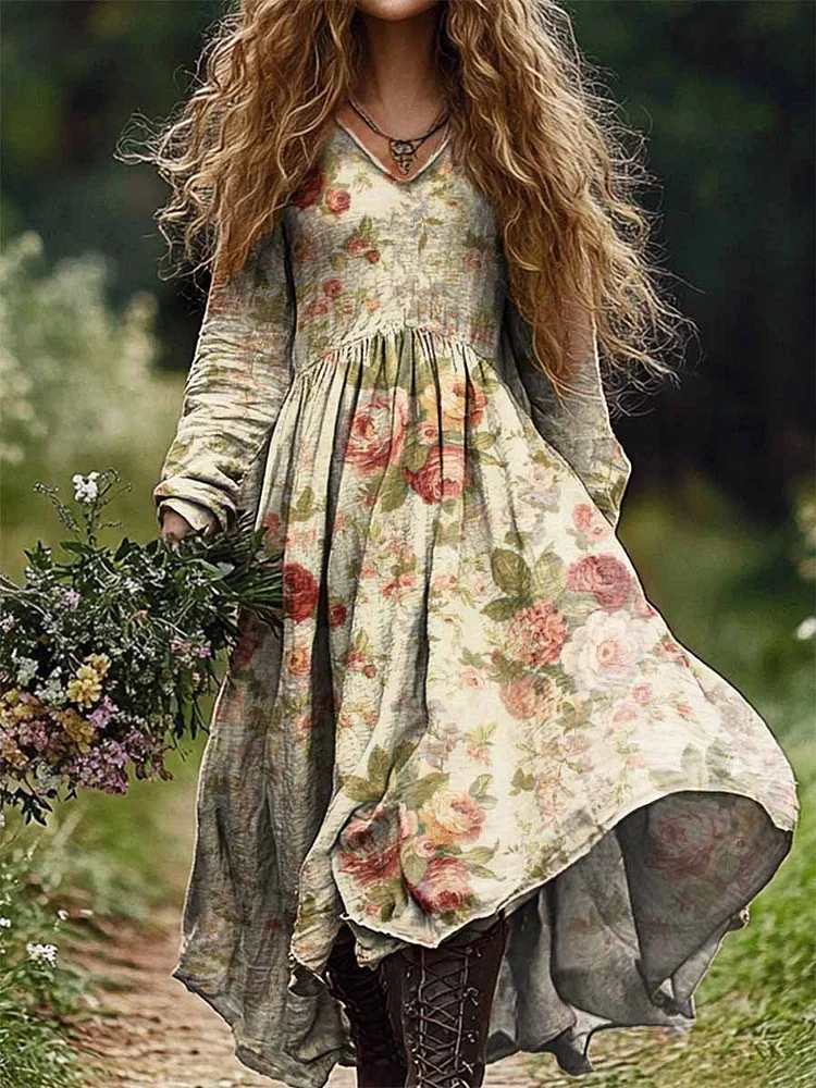 Women's Boho Floral Art Pattern Casual V-Neck Pocket Cotton Dress