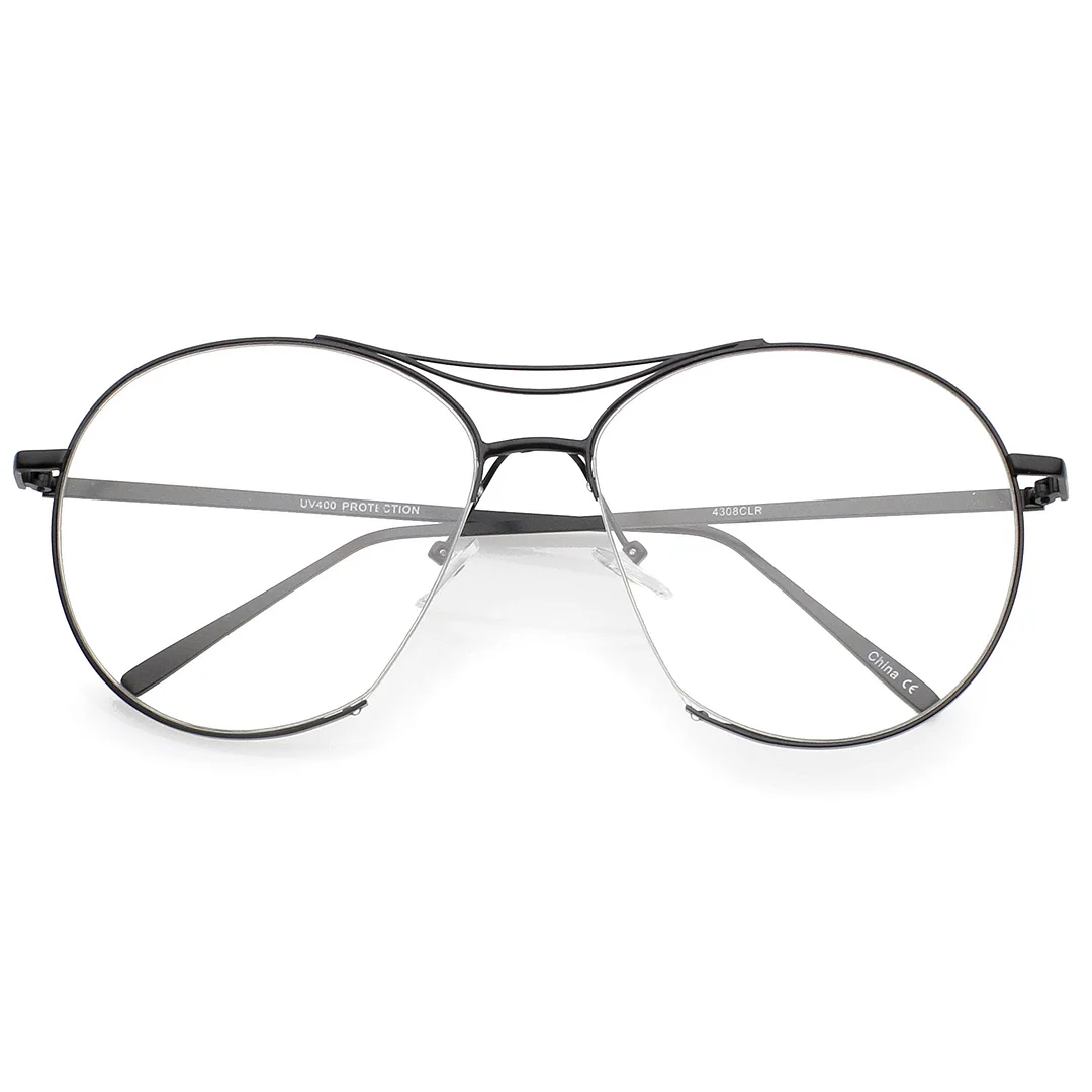 Oversize Semi-Rimless Brow Bar Round Clear Flat Lens Aviator Eyeglasses 59mm