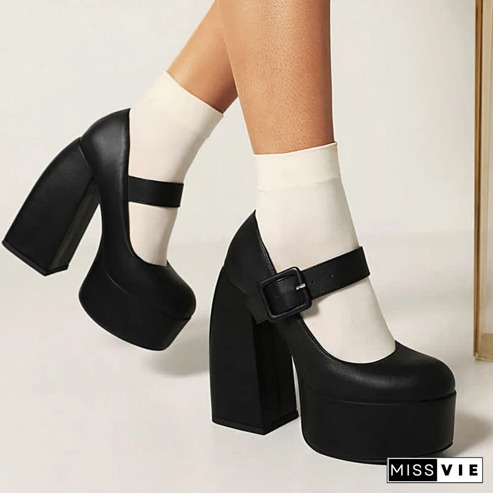 Pure Color Chunk High Heel Mary Janes Shoes