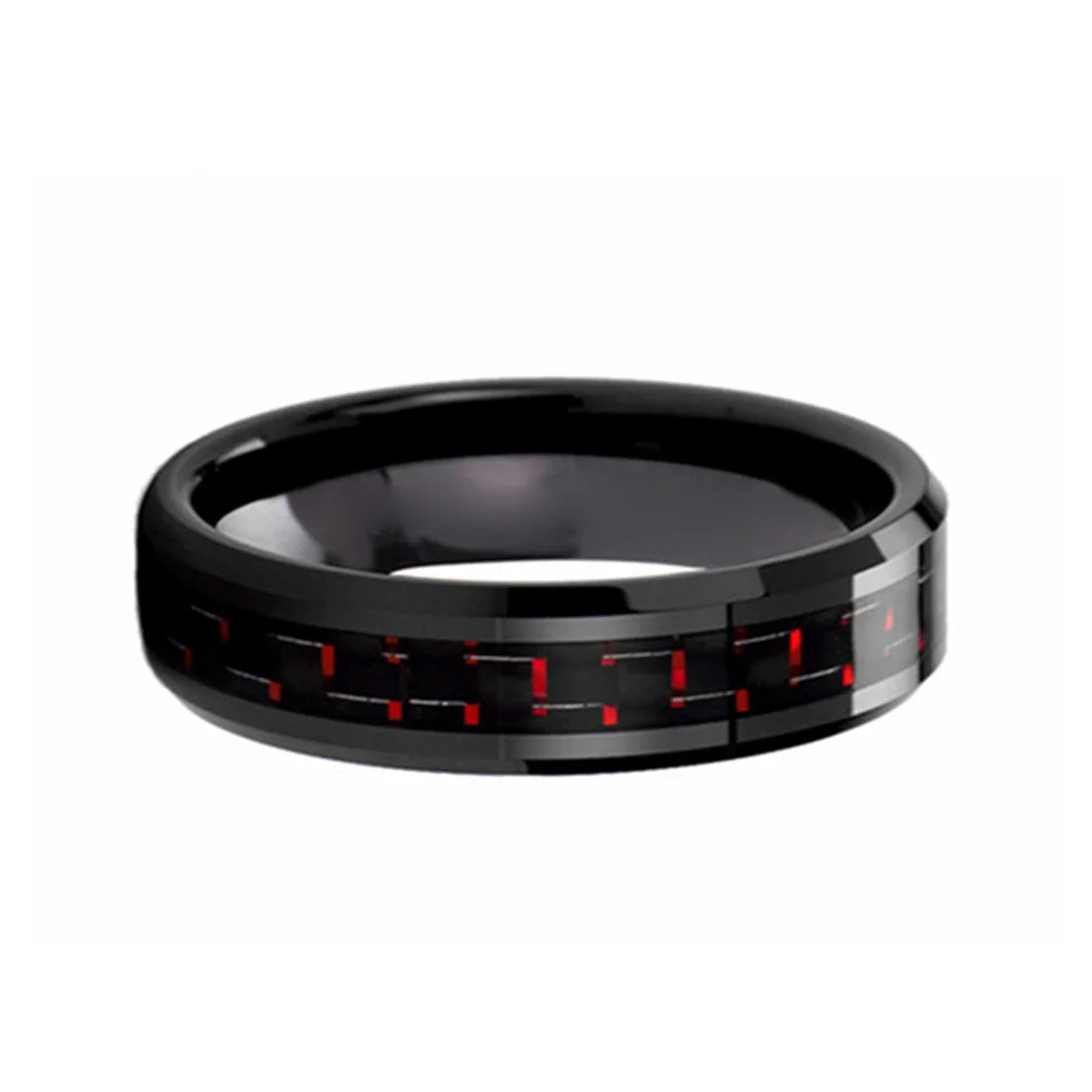 6MM Red Black Carbon Fiber Couples Tungsten Ring Polished Beveled Edge