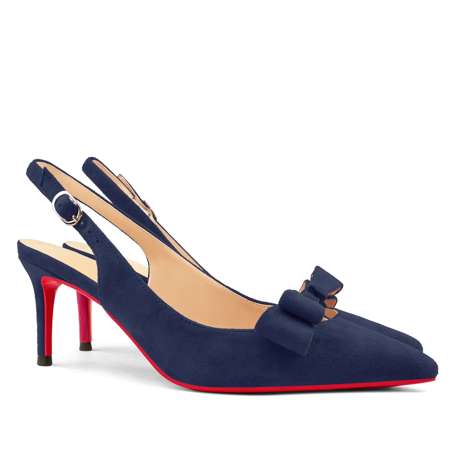 65mm Women's Pointed Toe With Bows Kitten Stillettos Slingback Red Bottoms Prom Suede Sandals-vocosishoes