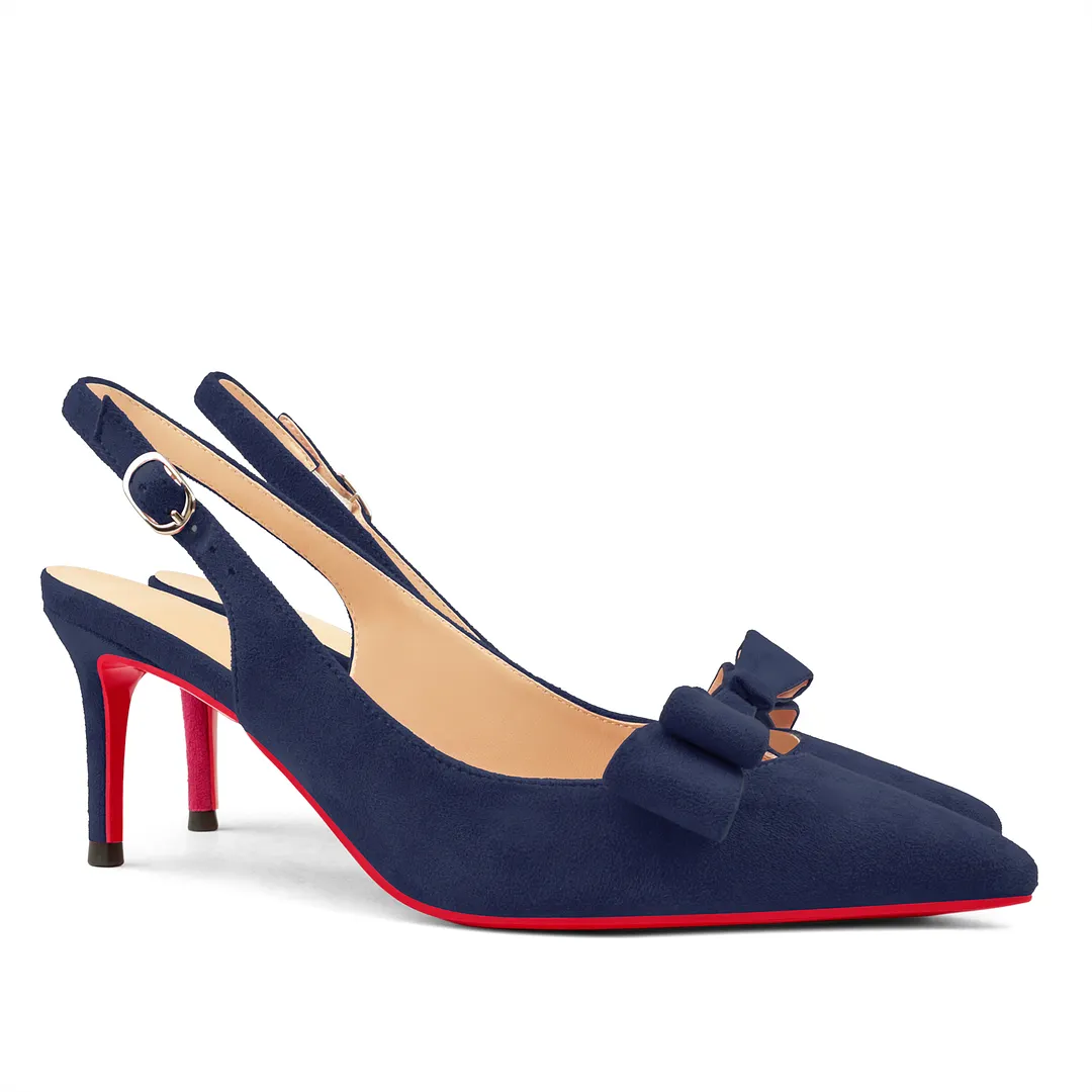 65mm Women's Pointed Toe With Bows Kitten Stillettos Slingback Red Bottoms Prom Suede Sandals-vocosishoes