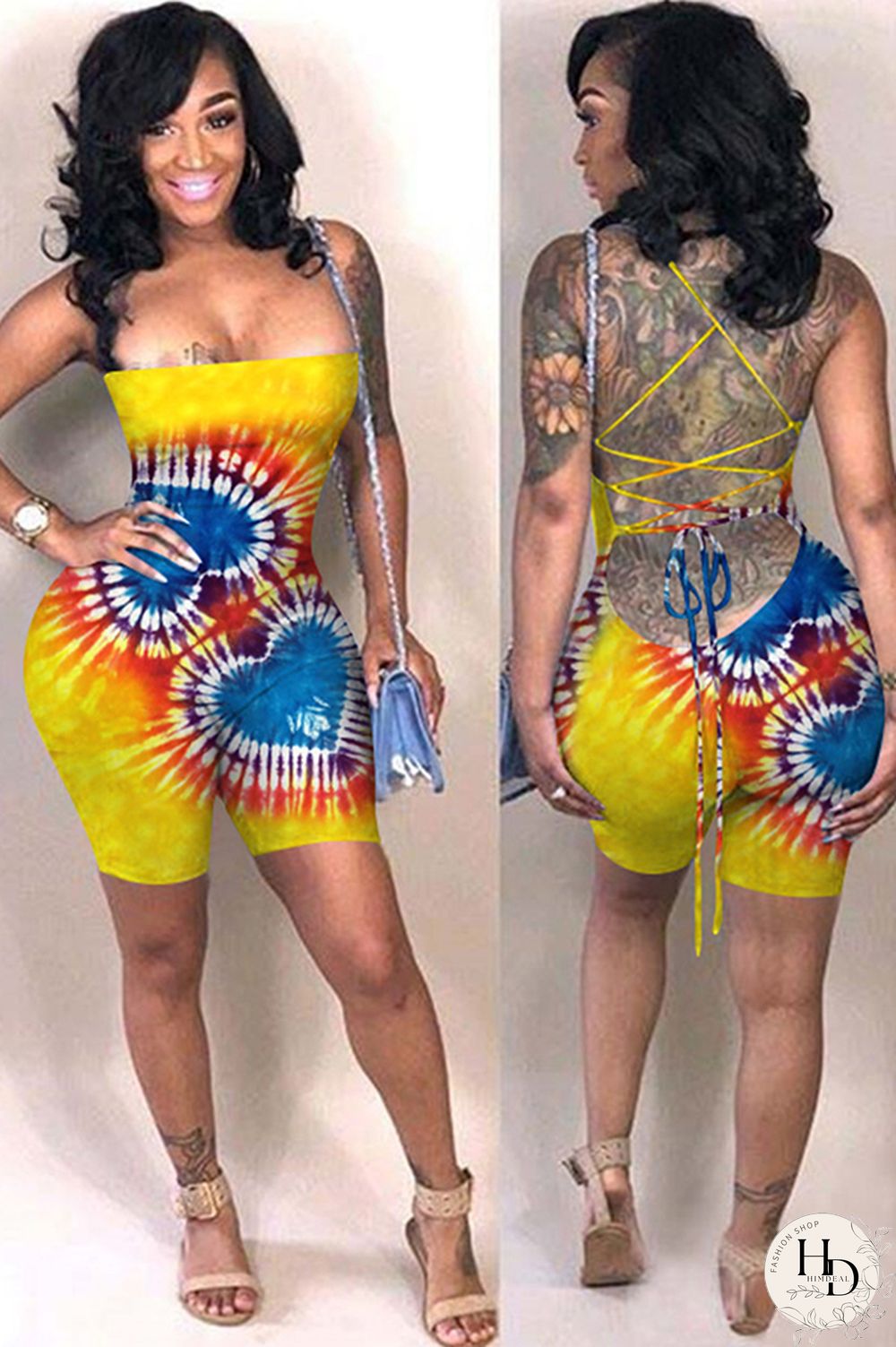 Yellow Fashion street Print Polyester Sleeveless Wrapped Jumpsuits