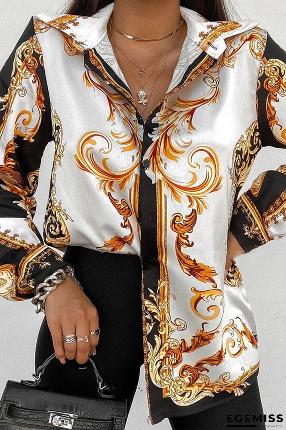 White Fashion Casual Print Basic Turndown Collar Tops | EGEMISS