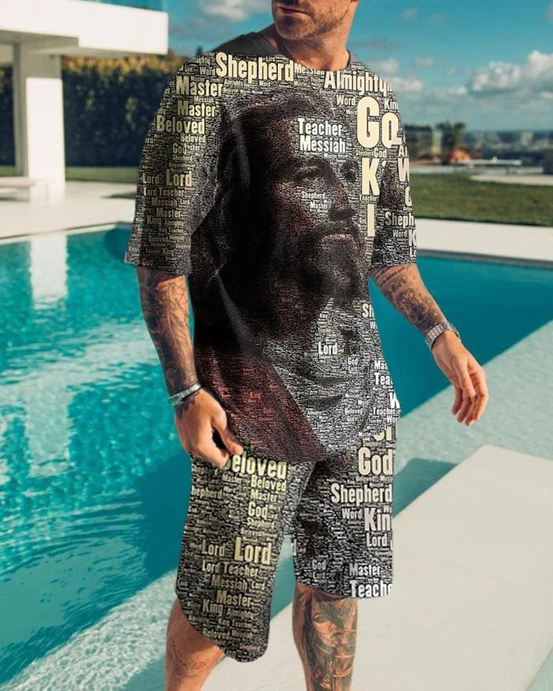 Men's Jesus Printed Casual Sports Short Sleeve Suit