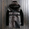 Sheepskin Mens Shearling Coat Winter Warm Real Fur Hooded Jacket Fashion Buckle Strap Splice Natural Genuine Leather Outerwear