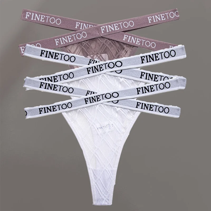 FINETOO 3PCS/Set Women's Letter Lace Mesh G-string Sexy Cross Strap Panties Midi Waist Underwear Thongs Femme Hollow Out Panties
