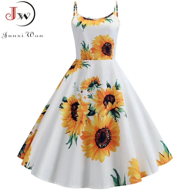 Summer Women Dress  Sexy Sunflower Print Tunic Beach Dress Sundress White Spaghetti Strap Swing Vintage Rockabilly Dresses